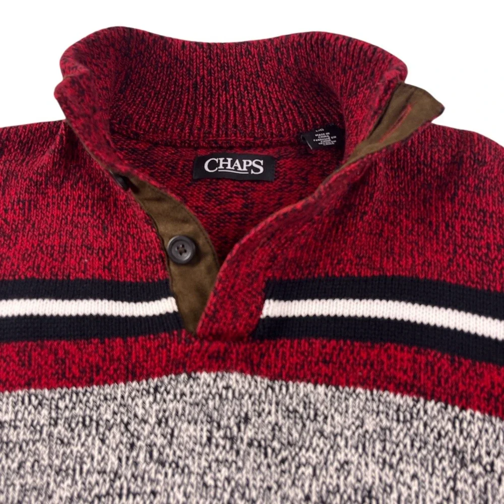 Chaps Men's Striped Button Mock‎ Neck Sweater Red Black White Cabin Core Large